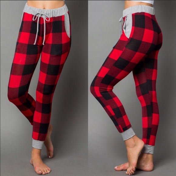 Plaid buffalo plaid checkered joggers pants red - Picture 2 of 4